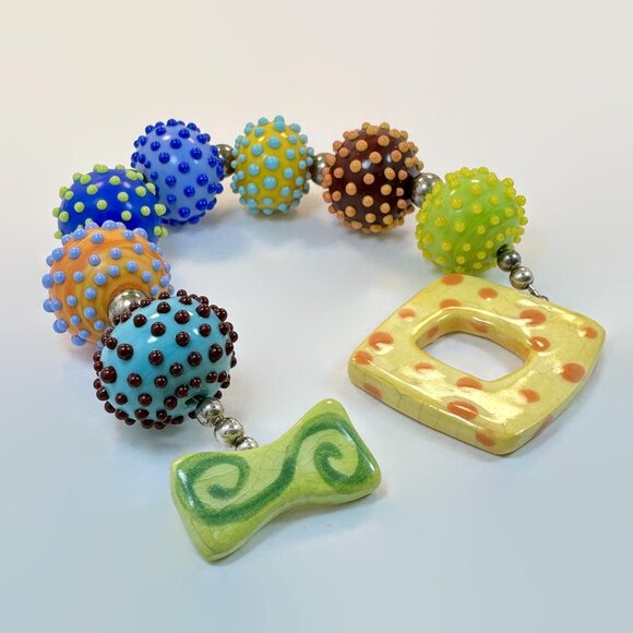Glass Bead Bracelet, Lamp Work, Dotted, Rainbow, Art Glass, Blue, Orange, Yellow - Picture 4 of 7